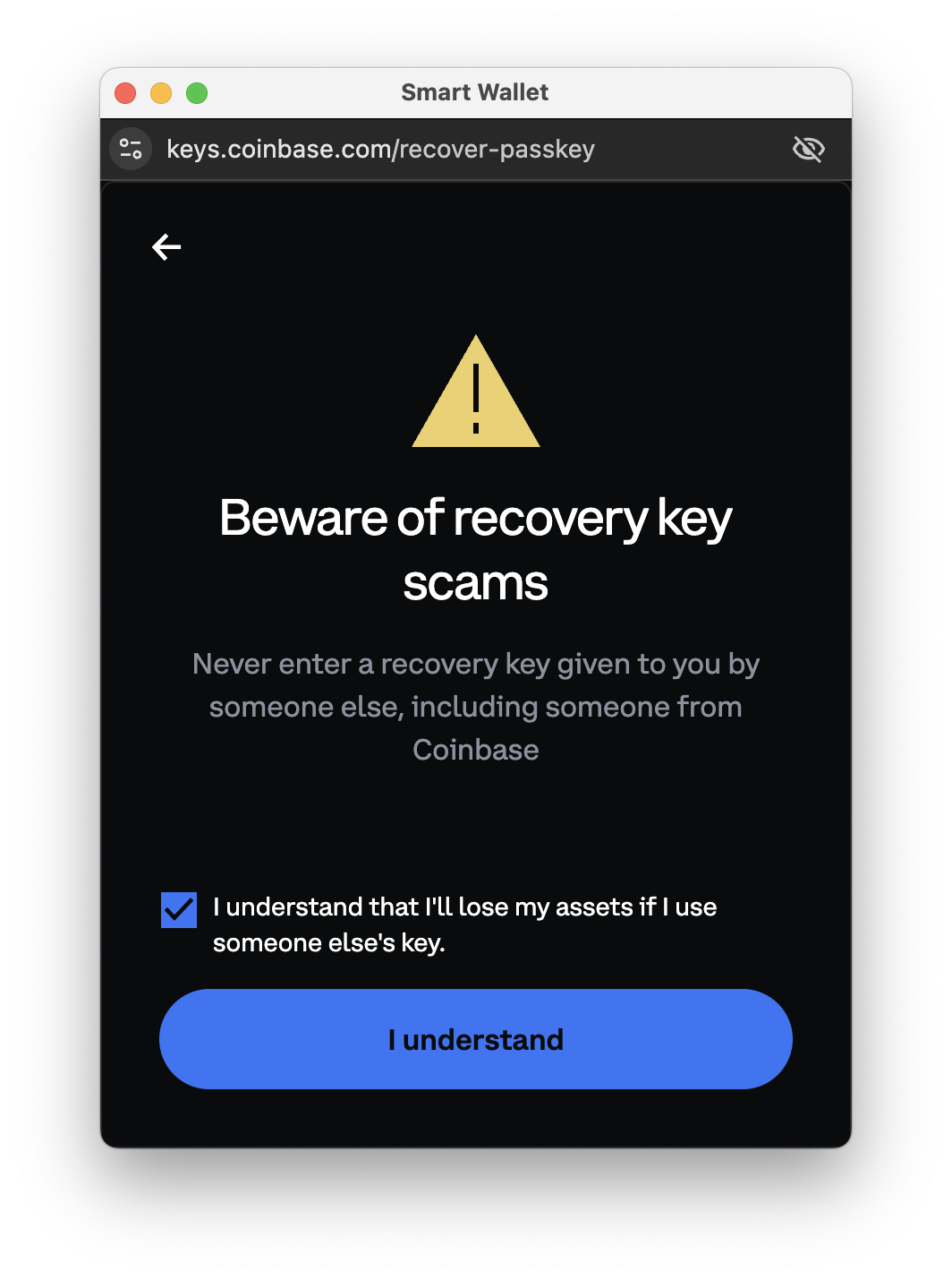 Recovery Key Step 2: Security warning about scams